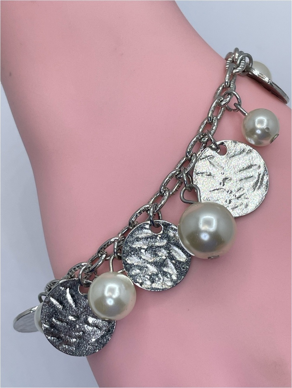 Silver Tone Faux Pearl Charm Bracelet Disc Dangle Boho